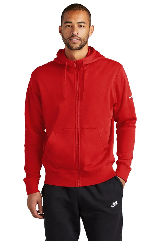 Men's high-performance workout hoodie-Nike Mens Club Fleece Full Zip Hooded Sweatshirt Hoodie w/ Pockets - University Red