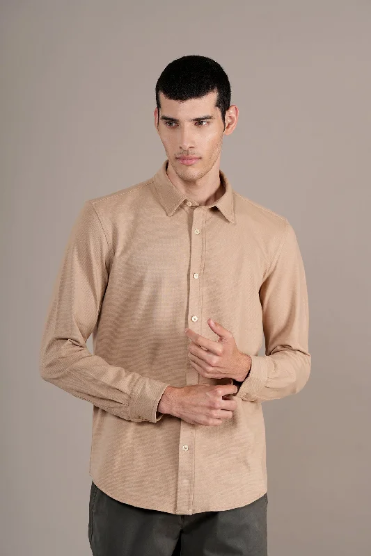 Men's weather-resistant office wear shirt-Men's Beige Self Design Full Sleeves Casual Shirt