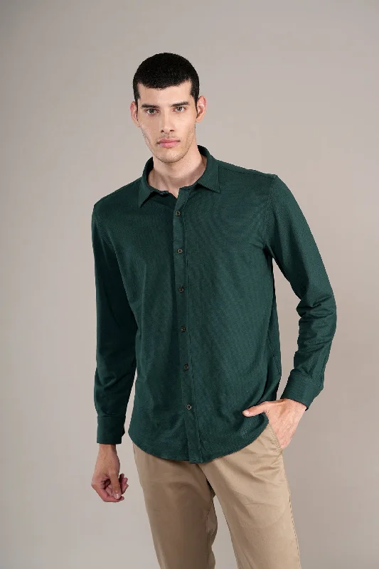 Men's versatile dress wear shirt-Men's Bottle Green Self Design Full Sleeves Casual Shirt