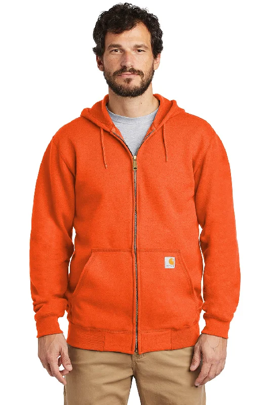 Men's wrinkle-free travel hoodie-Carhartt Mens Full Zip Hooded Sweatshirt Hoodie w/ Pockets - Brite Orange