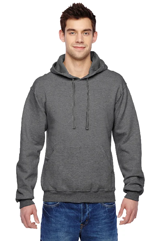 Men's comfortable athletic hoodie-Fruit Of The Loom Mens Softspun Hooded Sweatshirt Hoodie w/ Pouch Pocket - Heather Charcoal Grey - Closeout