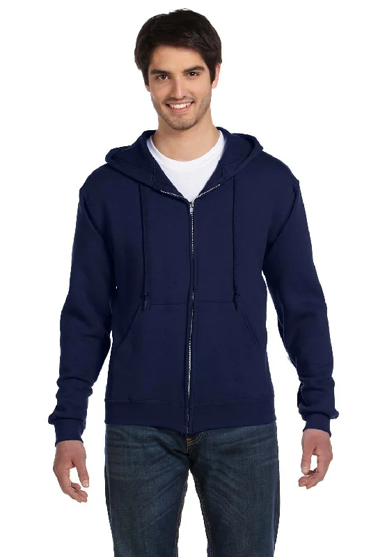 Men's high-stretch running hoodie-Fruit Of The Loom Mens Supercotton Fleece Full Zip Hooded Sweatshirt Hoodie w/ Pockets - Navy Blue - Closeout