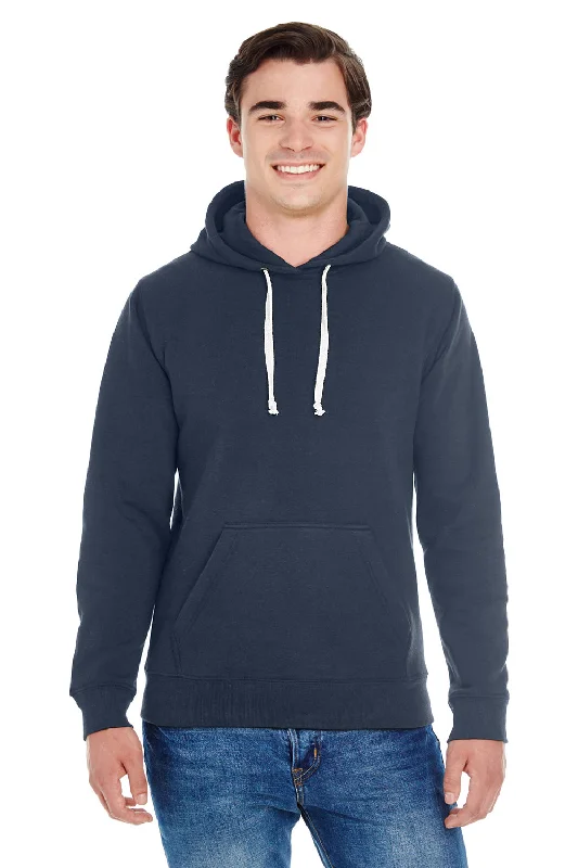 Men's tech-fabric athletic hoodie-J America Mens Fleece Hooded Sweatshirt Hoodie w/ Pouch Pocket - Navy Blue