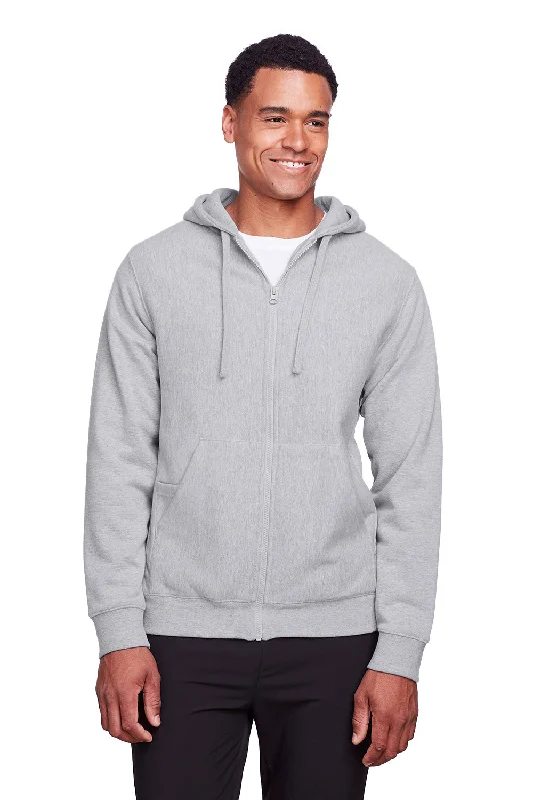 Men's gym performance running hoodie-Team 365 Mens Zone HydroSport Fleece Water Resistant Full Zip Hooded Sweatshirt Hoodie w/ Pockets - Heather Grey