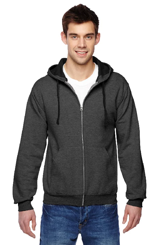 Men's fashionable casual hoodie-Fruit Of The Loom Mens Softspun Full Zip Hooded Sweatshirt Hoodie w/ Pockets - Heather Charcoal Grey - Closeout