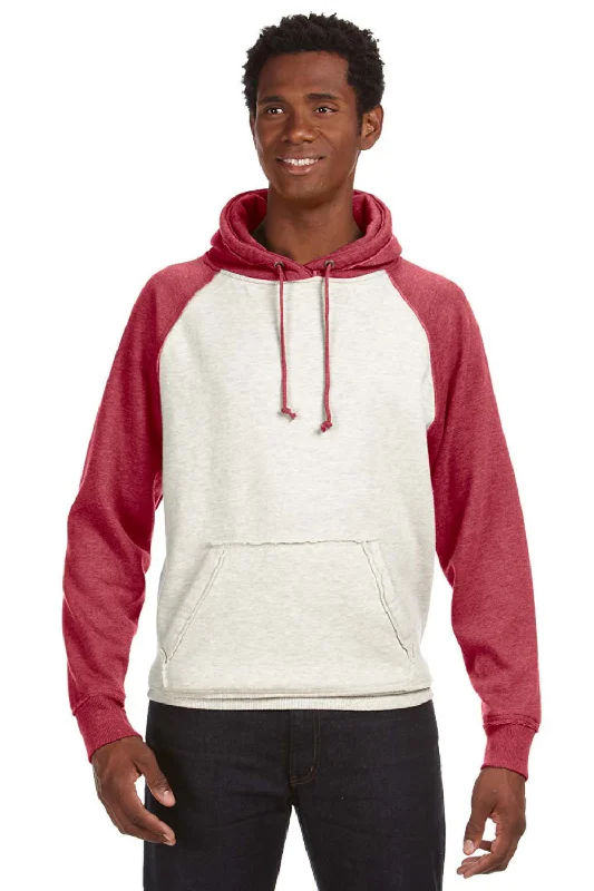 Men's functional fleece hoodie-J America Mens Vintage Heather Hooded Sweatshirt Hoodie w/ Pouch Pocket - Oatmeal/Red