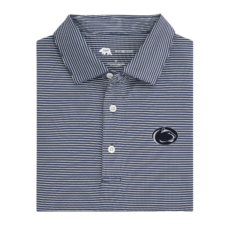 Men's tech-inspired casual polo shirt-Birdie Stripe Penn State Performance Polo - Dark Denim