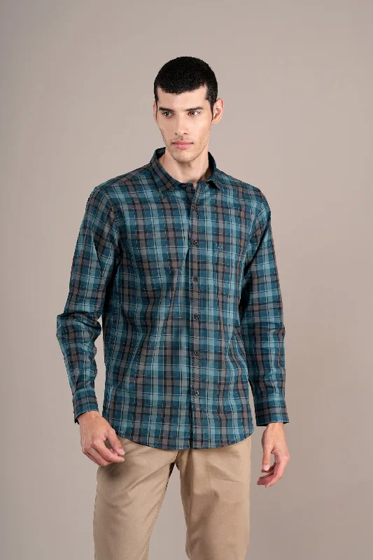 Men's lightweight travel wear shirt-Men's Teal Check Full Sleeves Casual Shirt