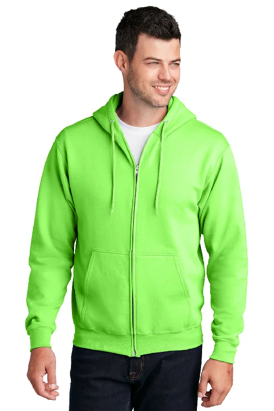 Men's sporty workout hoodie-Port & Company Mens Core Pill Resistant Fleece Full Zip Hooded Sweatshirt Hoodie w/ Pockets - Neon Green