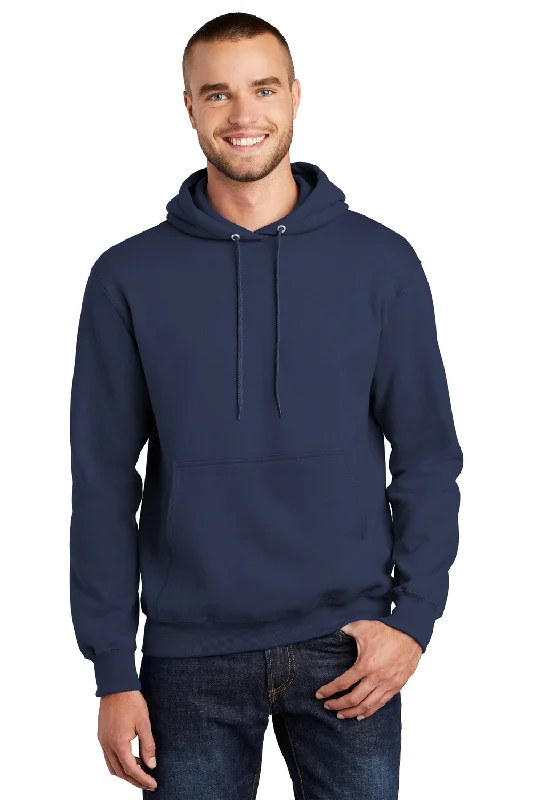 Men's comfortable athletic hoodie-Port & Company Mens Essential Pill Resistant Fleece Hooded Sweatshirt Hoodie w/ Pouch Pocket - Navy Blue