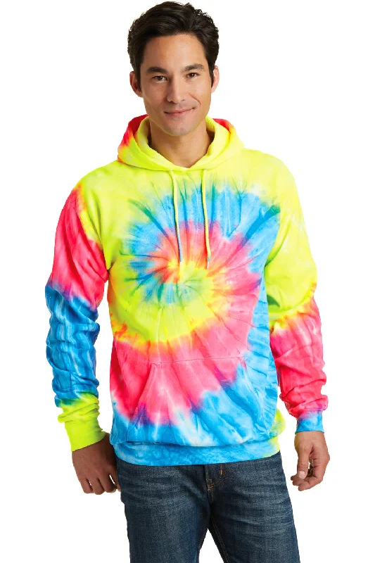 Men's gym performance running hoodie-Port & Company Mens Tie-Dye Fleece Hooded Sweatshirt Hoodie w/ Pouch Pocket - Neon Rainbow