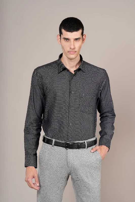 Men's antibacterial casual wear shirt-Men's Black Self Design Full Sleeves Formal Shirt