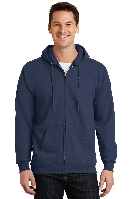 Men's modern travel hoodie-Port & Company Mens Essential Pill Resistant Fleece Full Zip Hooded Sweatshirt Hoodie w/ Pockets - Navy Blue