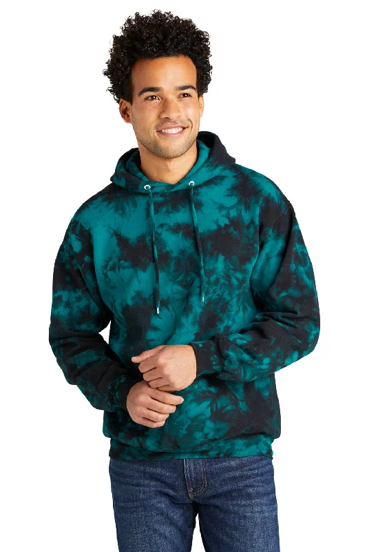 Men's breathable casual hoodie-Port & Company Mens Crystal Tie-Dye Hooded Sweatshirt Hoodie w/ Pouch Pocket - Black/Teal