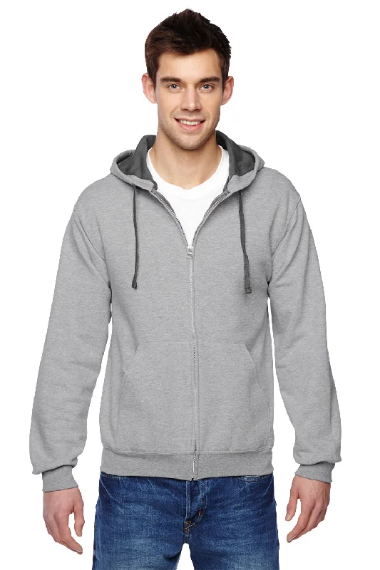 Men's eco-friendly athletic hoodie-Fruit Of The Loom Mens Softspun Full Zip Hooded Sweatshirt Hoodie w/ Pockets - Heather Grey - Closeout