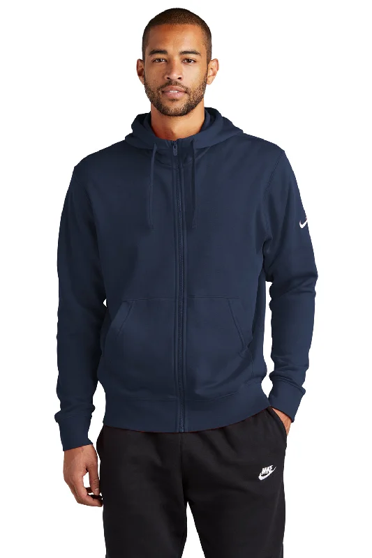 Men's lightweight gym hoodie-Nike Mens Club Fleece Full Zip Hooded Sweatshirt Hoodie w/ Pockets - Midnight Navy Blue