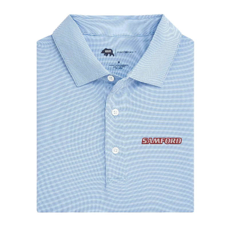 Men's eco-conscious office polo shirt-Hairline Stripe Samford Performance Polo - Sky