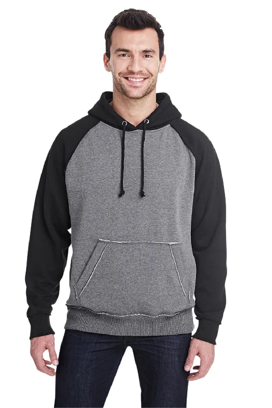 Men's high-stretch running hoodie-J America Mens Vintage Heather Hooded Sweatshirt Hoodie w/ Pouch Pocket - Smoke Grey/Black