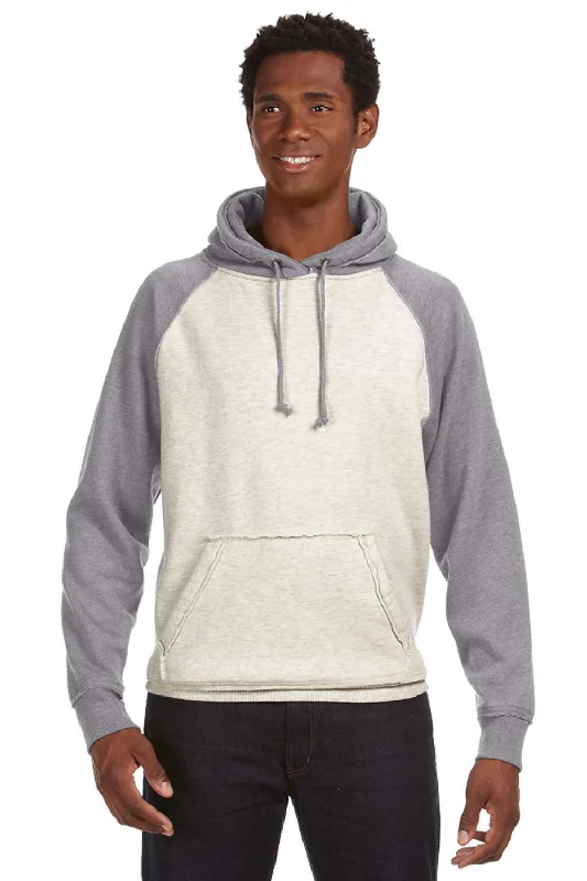 Men's gym-ready workout hoodie-J America Mens Vintage Heather Hooded Sweatshirt Hoodie w/ Pouch Pocket - Oatmeal/Smoke Grey