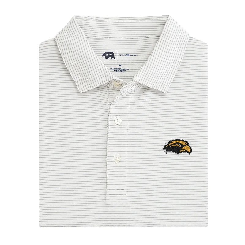 Men's quick-dry travel wear polo shirt-Birdie Stripe Southern Miss Performance Polo - Mirage Grey