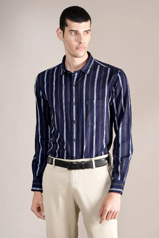 Men's quick-dry dress wear shirt-Men's Navy Striped Full Sleeves Casual Shirt