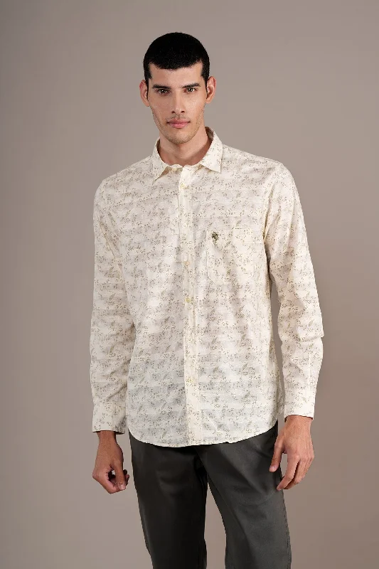 Men's antibacterial dress wear shirt-Men's Off White Printed Full Sleeves Casual Shirt