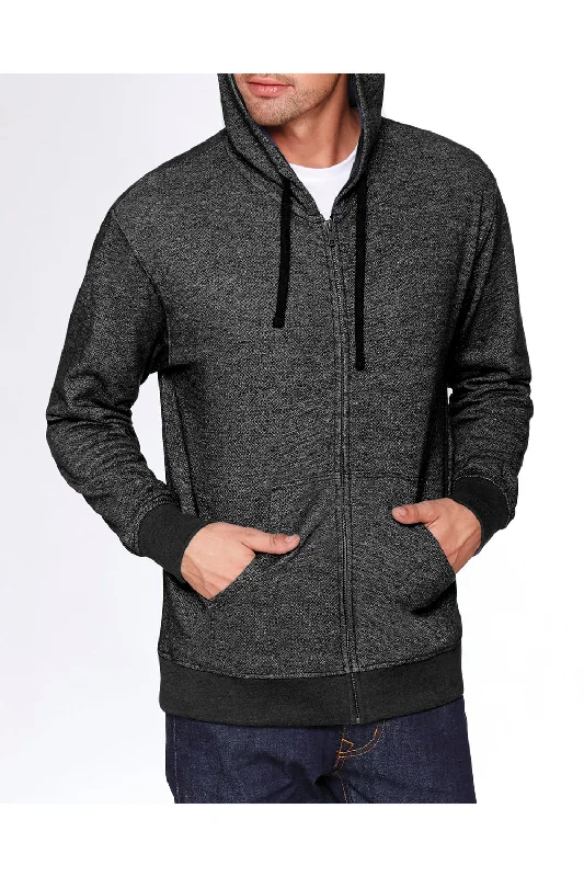 Men's performance travel hoodie-Next Level Mens Denim Fleece Full Zip Hooded Sweatshirt Hoodie w/ Pockets - Black - Closeout