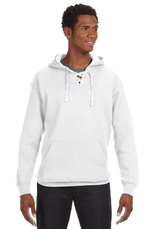 Men's eco-conscious gym hoodie-J America Mens Sport Lace Hooded Sweatshirt Hoodie w/ Pouch Pocket - White