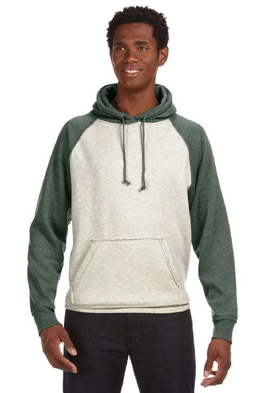 Men's ultra-light gym hoodie-J America Mens Vintage Heather Hooded Sweatshirt Hoodie w/ Pouch Pocket - Oatmeal/Army Green