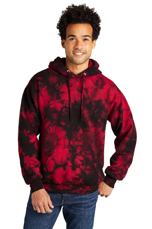 Men's antibacterial streetwear hoodie-Port & Company Mens Crystal Tie-Dye Hooded Sweatshirt Hoodie w/ Pouch Pocket - Black/Red