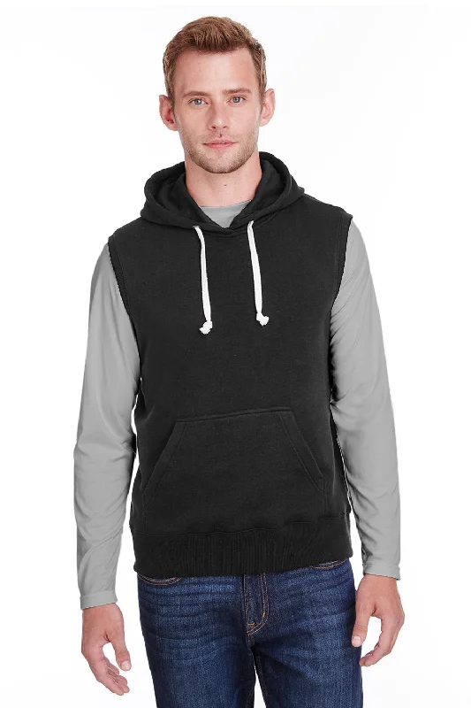 Men's non-iron gym hoodie-J America Mens Fleece Sleeveless Hooded Sweatshirt Hoodie w/ Pouch Pocket - Black