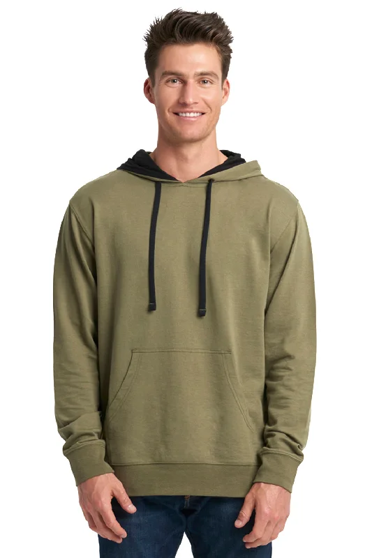 Men's pre-washed running hoodie-Next Level Mens French Terry Fleece Hooded Sweatshirt Hoodie w/ Pouch Pocket - Military Green/Black