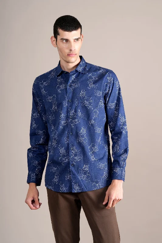 Men's fashion-forward gym wear shirt-Men's Navy Printed Full Sleeves Casual Shirt