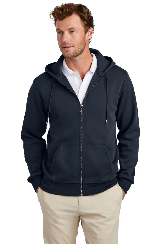 Men's eco-conscious workout hoodie-Brooks Brothers Mens Double Knit Full Zip Hooded Sweatshirt Hoodie w/ Pockets - Night Navy Blue