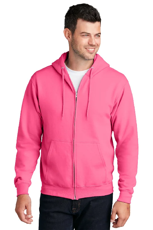 Men's sustainable athletic hoodie-Port & Company Mens Core Pill Resistant Fleece Full Zip Hooded Sweatshirt Hoodie w/ Pockets - Neon Pink