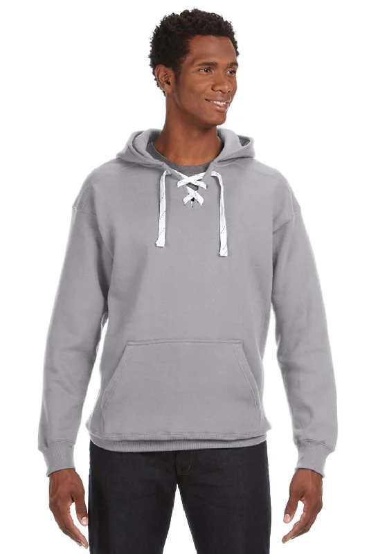 Men's versatile running hoodie-J America Mens Sport Lace Hooded Sweatshirt Hoodie w/ Pouch Pocket - Oxford Grey