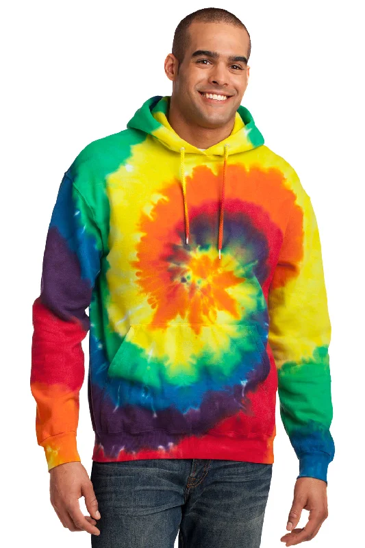 Men's ultra-comfortable running hoodie-Port & Company Mens Tie-Dye Fleece Hooded Sweatshirt Hoodie w/ Pouch Pocket - Rainbow