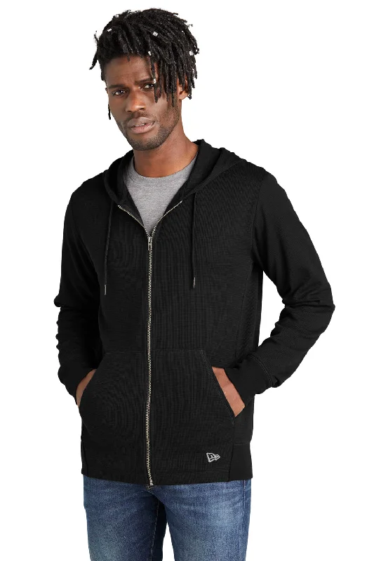 Men's organic travel hoodie-New Era Mens Thermal Full Zip Hooded Sweatshirt Hoodie w/ Pockets - Black