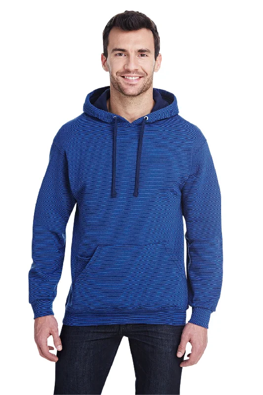 Men's weatherproof travel hoodie-Fruit Of The Loom Mens Softspun Hooded Sweatshirt Hoodie w/ Pouch Pocket - Denim Blue Stripe - Closeout