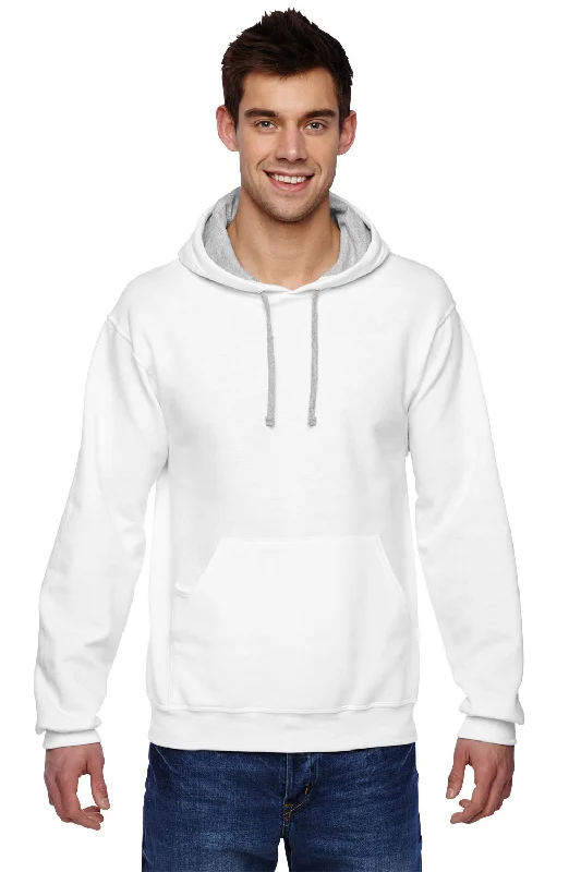 Men's wrinkle-resistant athletic hoodie-Fruit Of The Loom Mens Softspun Hooded Sweatshirt Hoodie w/ Pouch Pocket - White - Closeout