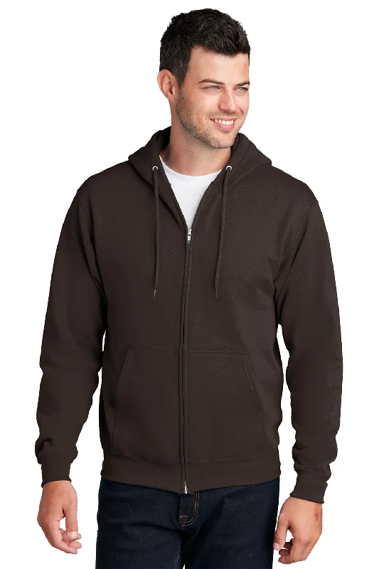 Men's eco-friendly athletic hoodie-Port & Company Mens Core Pill Resistant Fleece Full Zip Hooded Sweatshirt Hoodie w/ Pockets - Dark Chocolate Brown