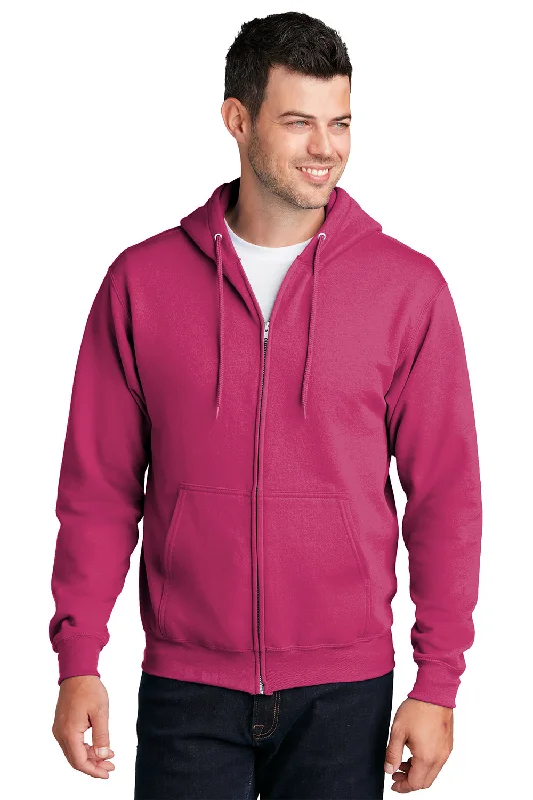 Men's tech-inspired travel hoodie-Port & Company Mens Core Pill Resistant Fleece Full Zip Hooded Sweatshirt Hoodie w/ Pockets - Sangria Pink