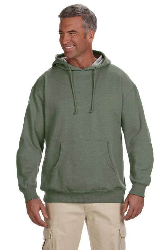 Men's pre-shrunk running hoodie-Econscious Mens Heathered Fleece Hooded Sweatshirt Hoodie w/ Pouch Pocket - Military Green