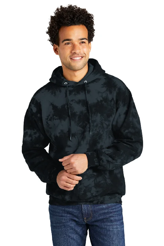 Men's antibacterial gym hoodie-Port & Company Mens Crystal Tie-Dye Hooded Sweatshirt Hoodie w/ Pouch Pocket - Black