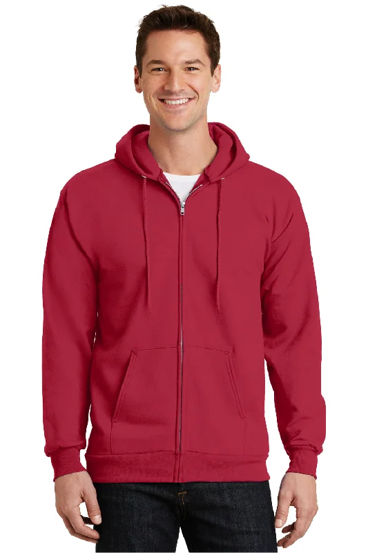 Men's breathable travel hoodie-Port & Company Mens Essential Pill Resistant Fleece Full Zip Hooded Sweatshirt Hoodie w/ Pockets - Red