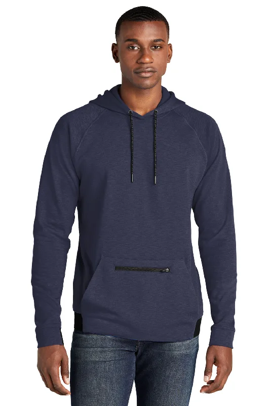 Men's breathable gym hoodie-Sport-Tek Mens Strive PosiCharge Hooded Sweatshirt Hoodie w/ Pouch Pocket - True Navy Blue