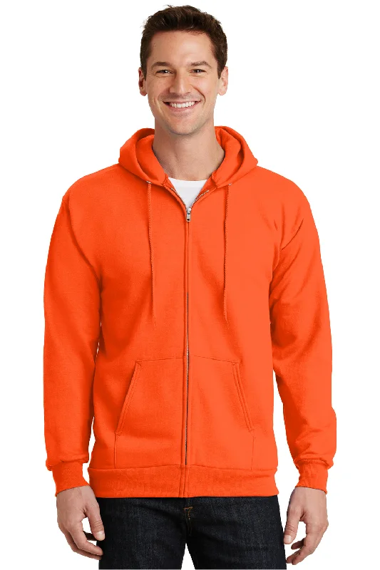 Men's weatherproof travel hoodie-Port & Company Mens Essential Pill Resistant Fleece Full Zip Hooded Sweatshirt Hoodie w/ Pockets - Safety Orange