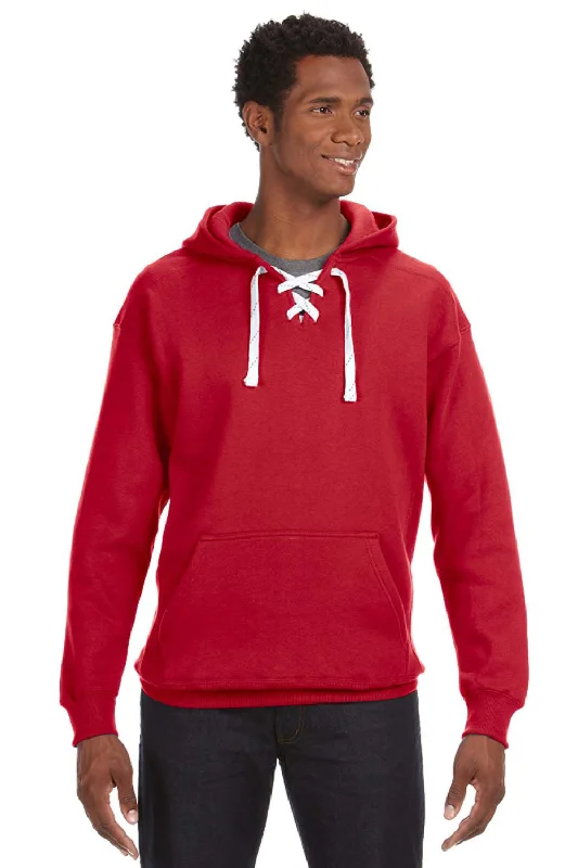 Men's adventure-ready athletic hoodie-J America Mens Sport Lace Hooded Sweatshirt Hoodie w/ Pouch Pocket - Red