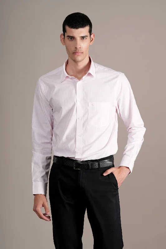 Men's wrinkle-resistant dress wear shirt-Men's Pink Striped Full Sleeves Formal Shirt