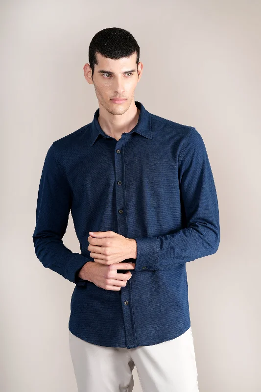 Men's tech-inspired office wear shirt-Men's Navy Self Design Full Sleeves Casual Shirt